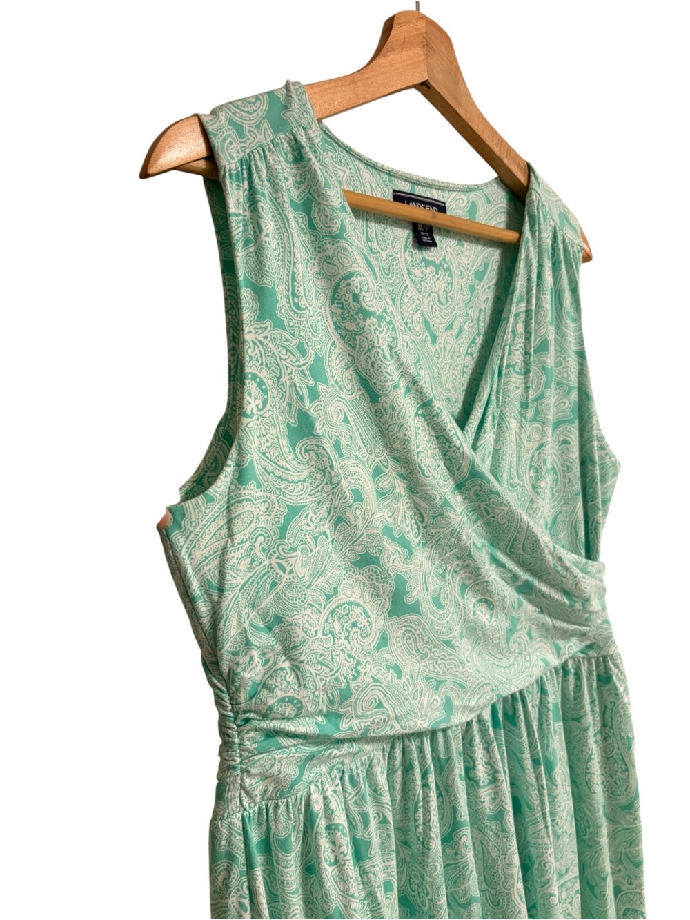 Lands’End aqua teal white paisley print crossover wrap sleeveless maxi dress MP - Picture 6 of 11